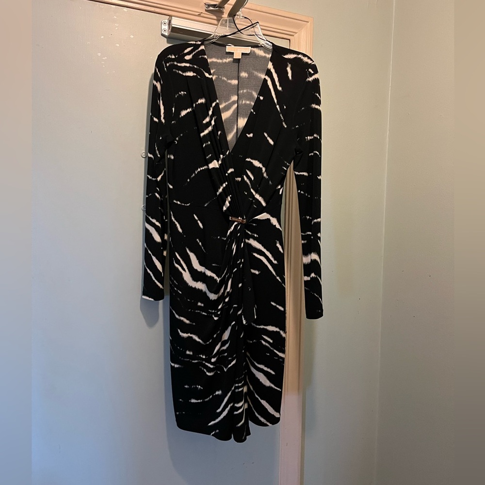 Michael Kors Black and White Abstract Faux Wrap Midi Dress